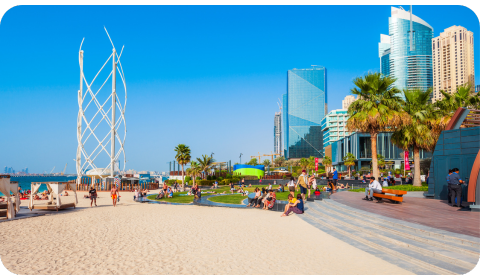 Photo of The Walk at JBR Dubai, where you can see the beach to the left and the residential buildings on the right